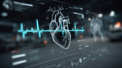 Wall Mural - Futuristic medical background with glowing cyan heart rate graph pulsing on a dark digital screen. Includes HUD interface elements and biometric visuals. Minimal layout with caption space on the side.