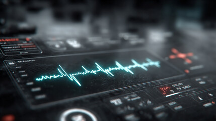 Wall Mural - Futuristic medical background with glowing cyan heart rate graph pulsing on a dark digital screen. Includes HUD interface elements and biometric visuals. Minimal layout with caption space on the side.