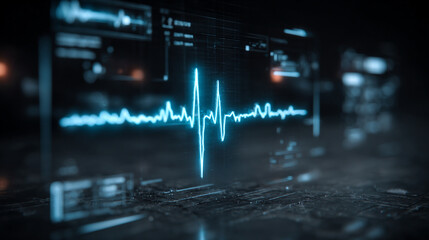 Wall Mural - Futuristic medical background with glowing cyan heart rate graph pulsing on a dark digital screen. Includes HUD interface elements and biometric visuals. Minimal layout with caption space on the side.