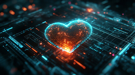 Wall Mural - Futuristic medical background with glowing cyan heart rate graph pulsing on a dark digital screen. Includes HUD interface elements and biometric visuals. Minimal layout with caption space on the side.