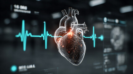 Wall Mural - Futuristic medical background with glowing cyan heart rate graph pulsing on a dark digital screen. Includes HUD interface elements and biometric visuals. Minimal layout with caption space on the side.