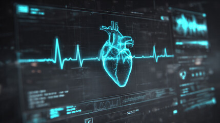 Futuristic medical background with glowing cyan heart rate graph pulsing on a dark digital screen. Includes HUD interface elements and biometric visuals. Minimal layout with caption space on the side.