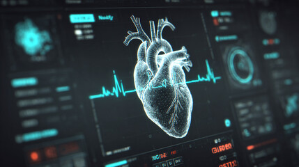 Wall Mural - Futuristic medical background with glowing cyan heart rate graph pulsing on a dark digital screen. Includes HUD interface elements and biometric visuals. Minimal layout with caption space on the side.