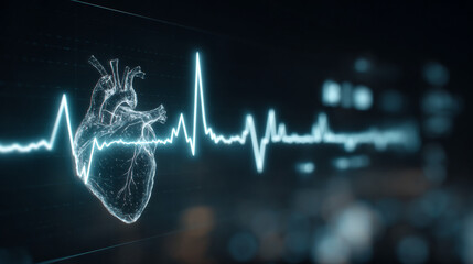 Wall Mural - Futuristic medical background with glowing cyan heart rate graph pulsing on a dark digital screen. Includes HUD interface elements and biometric visuals. Minimal layout with caption space on the side.