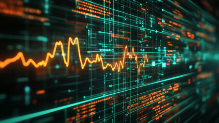 Wall Mural - Futuristic medical background with glowing cyan heart rate graph pulsing on a dark digital screen. Includes HUD interface elements and biometric visuals. Minimal layout with caption space on the side.
