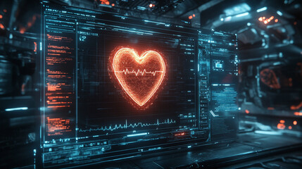 Futuristic medical background with glowing cyan heart rate graph pulsing on a dark digital screen. Includes HUD interface elements and biometric visuals. Minimal layout with caption space on the side.