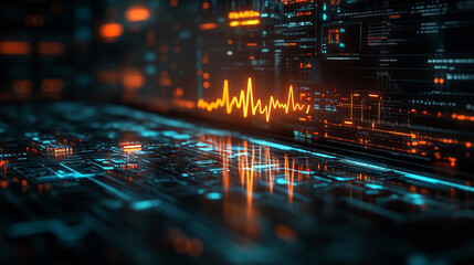 Wall Mural - Futuristic medical background with glowing cyan heart rate graph pulsing on a dark digital screen. Includes HUD interface elements and biometric visuals. Minimal layout with caption space on the side.
