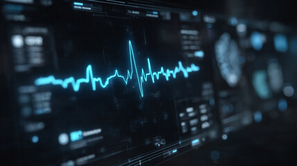 Wall Mural - Futuristic medical background with glowing cyan heart rate graph pulsing on a dark digital screen. Includes HUD interface elements and biometric visuals. Minimal layout with caption space on the side.