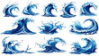 © Dieke - Dynamic collection of stylized blue ocean waves and water splashes, rendered in a clean vector graphic style for versatile design applications.