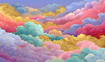 Wall Mural - colorful, auspicious clouds with a golden, glittering foil texture. layered clouds and waves in a co