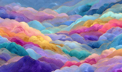Wall Mural - colorful, auspicious clouds with a golden, glittering foil texture. layered clouds and waves in a co