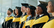 © peopleimages.com - College, diversity and success with students at graduation for alumni ceremony, achievement and diploma pride. University, masters degree and academy milestone with people on campus for future