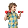 © MCT_Gallery - Young boy enthusiastically lifting small red dumbbells, showcasing childhood fitness and healthy development. Ideal for health, parenting, and active lifestyle content.