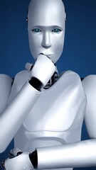 Wall Mural - thinking ai hominoid robot analyzing hologram screen showing concept big data analytic using artific