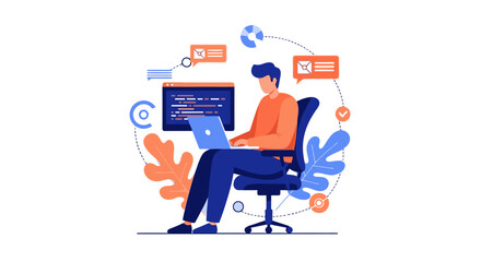 Programmer working on laptop computer with code display, focused on development and online communication for business