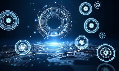 Sticker - abstract futuristic blue background with glowing digital technology and circuit board elements in th