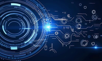 Sticker - abstract futuristic blue background with glowing digital technology and circuit board elements in th
