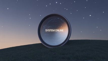 Digital System: A captivating digital art piece that showcases a futuristic, technology-focused concept, displaying a circular, luminescent interface set against a gradient sky background.