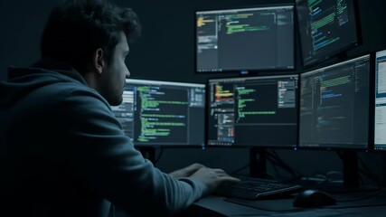 Man programmer coding with multiple computer screens. Developer working late at night. Online data processing and cyber security.