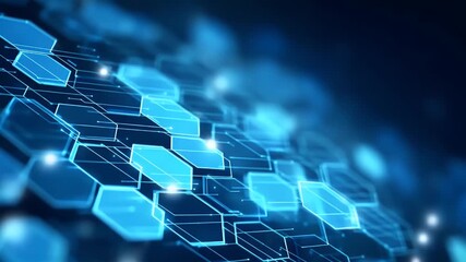 Sticker - blue technological background with hexagons and glowing elements for digital presentation or banner 