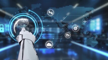 Wall Mural - a robotic hand interacts with a digital display showcasing a world map and various technological ico