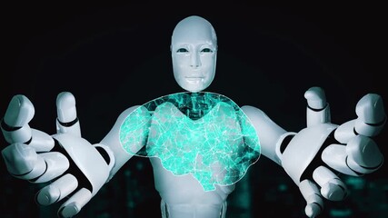 Wall Mural - ai hominoid robot holding virtual hologram screen showing concept of big data analytic using artific