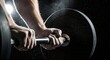 © sem.studio - Close-up of a person's hands gripping a barbell with chalk dust in the air, against a dark background.