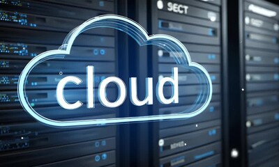 Wall Mural - a digital artwork depicting cloud computing technology with glowing clouds and devices connected to 