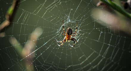 Close-up of a spider in its intricate web, set against a blurred background of greenery.