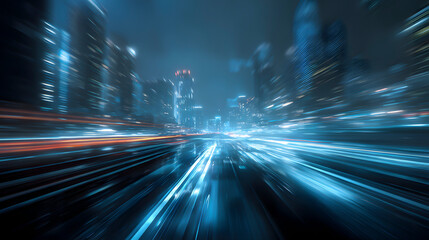 Wall Mural - 3d rendering of warp speed in hyper loop with blur light from buildings' lights in mega city at nigh