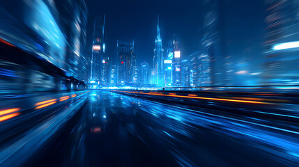 Wall Mural - 3d rendering of warp speed in hyper loop with blur light from buildings' lights in mega city at nigh