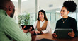 © peopleimages.com - Hiring, recruitment and business people in office, tablet and conversation with onboarding. Employees, human resource management and candidate in meeting, tech and job interview with discussion