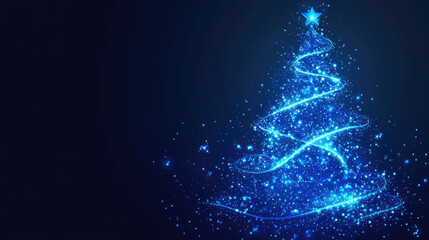 Wall Mural - blue glowing neon christmas tree in minimalist abstract design, elegant fir illustration with copy s