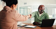 © PP/peopleimages.com - Business man, woman and handshake at interview for recruitment process, agreement or smile at office. People, manager and shaking hands with deal for onboarding, human resources or hiring at agency