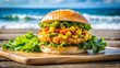 © Soeb Kaes - Photo of a gourmet burger with fresh lettuce, tomato, and onion is served on a wooden board at the beach with the ocean in the background