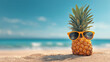 © malik - Tropical Getaway: A cheerful pineapple wearing sunglasses poses serenely on a sandy beach, evoking the essence of a tropical vacation.