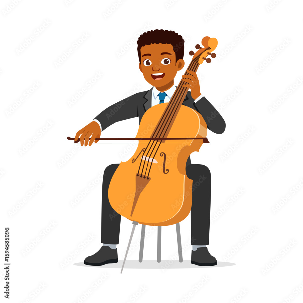 African American Man Playing Cello Sitting Down with Happy Expression ...