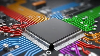 Wall Mural - Close Up View of Colorful Circuit Board with Square Black Central Processor Component