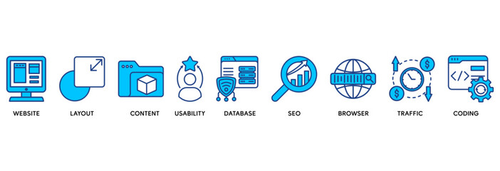 Web design icon set vector illustration concept relate to website, layout, content, usability, database, seo, browser, traffic and coding