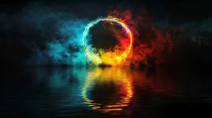 Wall Mural - glowing neon circle ring reflected in dark water with smoke.
