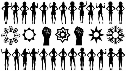 Wall Mural - Silhouettes of women in various poses with raised fists and star like shapes in black and white design