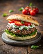 © Soeb Kaes - Photo of a closeup of a gourmet burger with a thick beef patty, fresh lettuce, ripe tomatoes, and creamy cheese, presented on a rustic wooden board