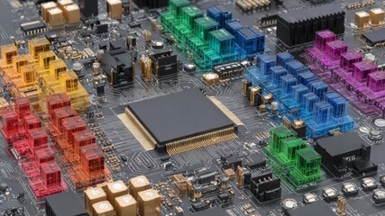 Wall Mural - Detailed Circuit Board Illustration Showcasing Technology with Various Colorful Components And Details
