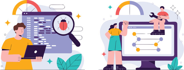 Cartoon Illustration Software Developers Debugging, Testing, and Optimizing Code on Computer Screens, Featuring Bug Identification