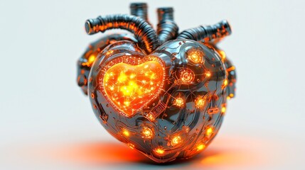 Realistic Glowing Robot Heart Featuring Connected Wires and Digital Elements in Vibrant Gigapixel Quality