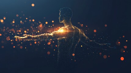 Wall Mural - abstract glowing man, particles, energy, light, dark background.