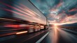 © Stock by Anika - Dynamic motion of a truck speeding along a highway at sunset : Generative AI.