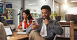 © peopleimages.com - Office, employee and man with phone, texting and communication with contact on social media and app. Online, message or person with mobile for chat, typing or network on website with tech in business