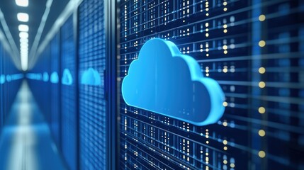 Wall Mural - a blue cloud icon on a server room background. the concept of cloud computing and data storage.