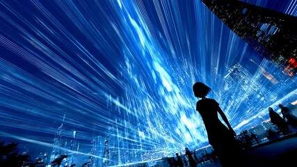 Wall Mural - silhouette person standing against bright blue light city background
